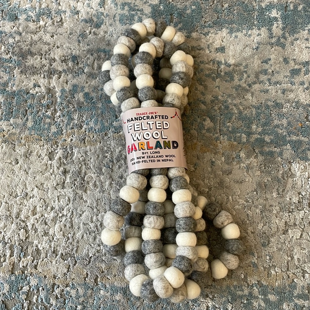 New Trader Joe’s Handcrafted Felted Wool Garland 9ft long 100% New Zealand wool